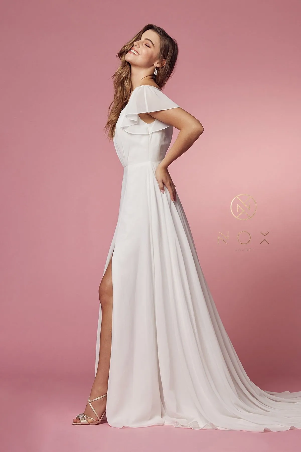 Nox Anabel R471 V-Neckline Cutout Short Sleeves Long A-Line Gown