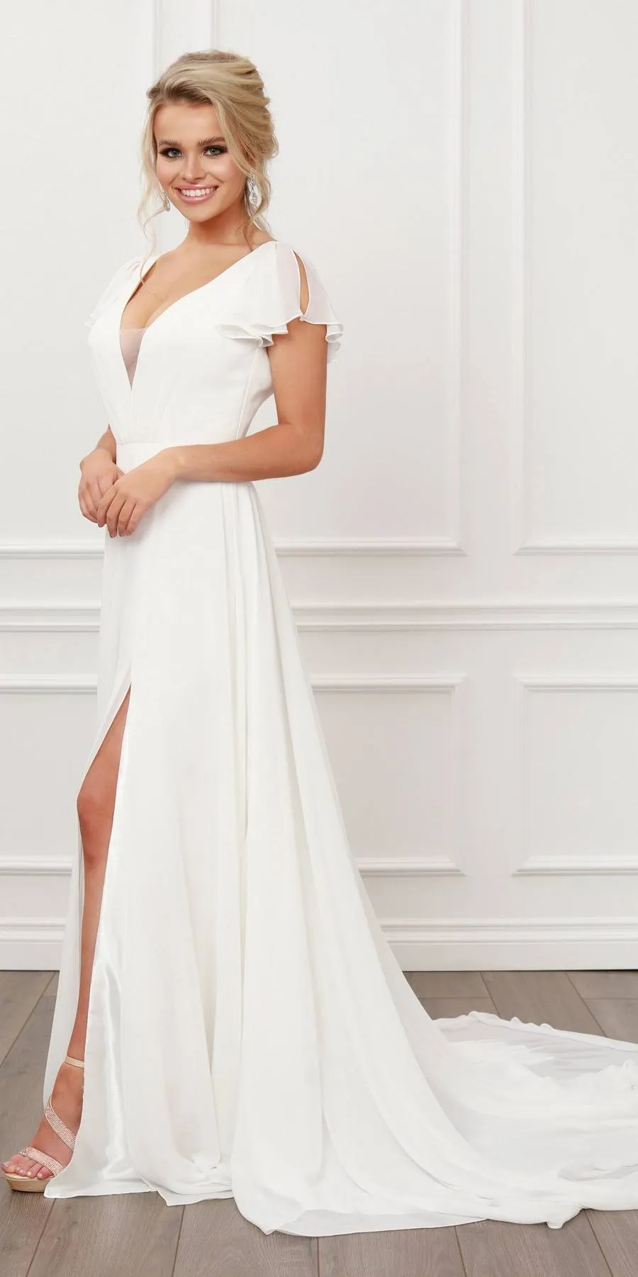 Nox Anabel R471 V-Neckline Cutout Short Sleeves Long A-Line Gown