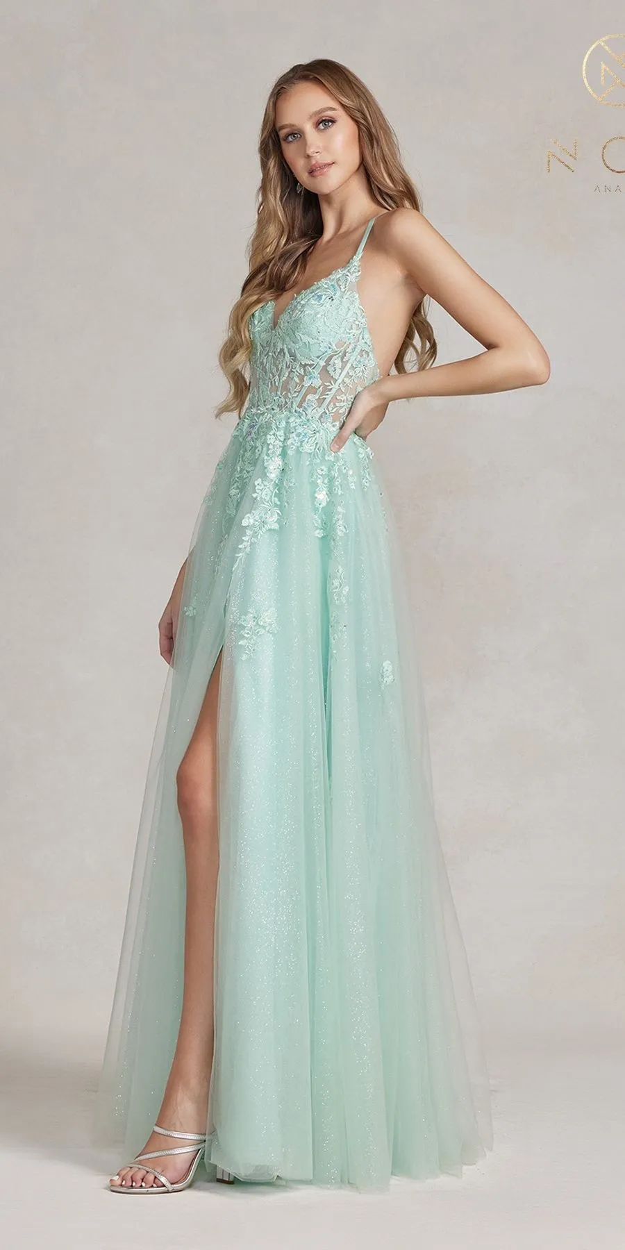 Nox Anabel T1081 Long A-Line Tulle Lace Applique Boned Dress