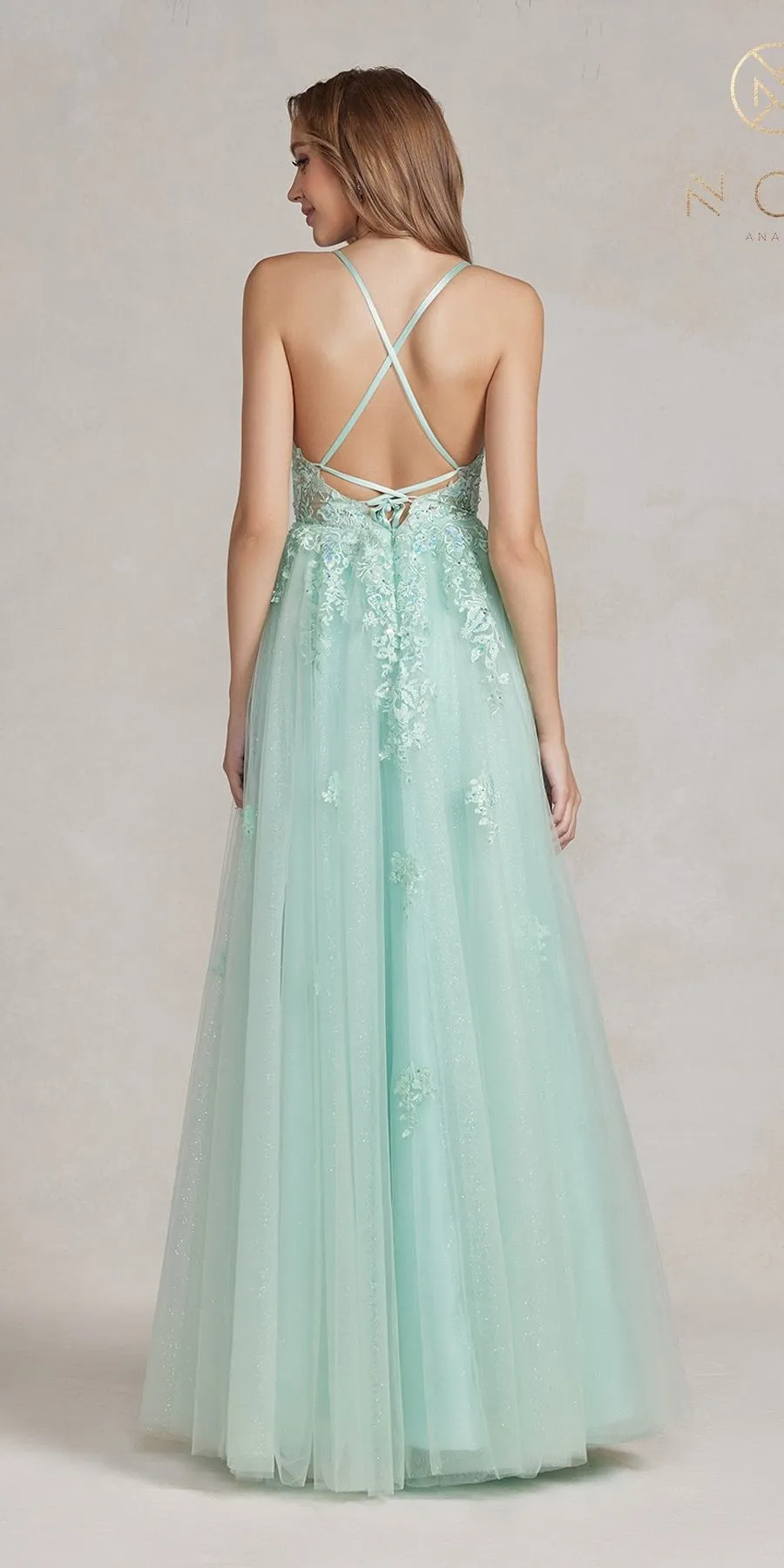 Nox Anabel T1081 Long A-Line Tulle Lace Applique Boned Dress