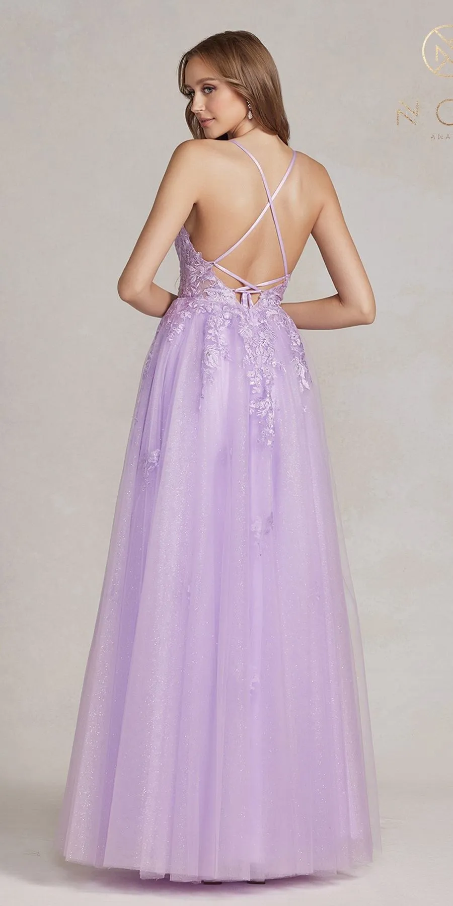 Nox Anabel T1081 Long A-Line Tulle Lace Applique Boned Dress