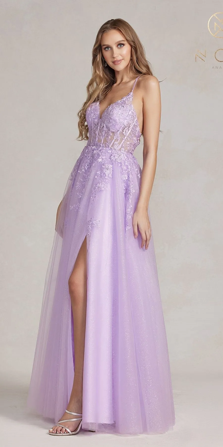 Nox Anabel T1081 Long A-Line Tulle Lace Applique Boned Dress