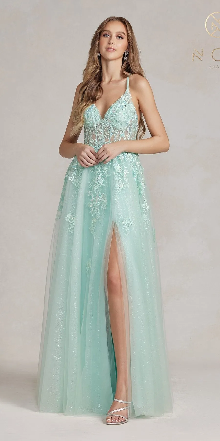 Nox Anabel T1081 Long A-Line Tulle Lace Applique Boned Dress