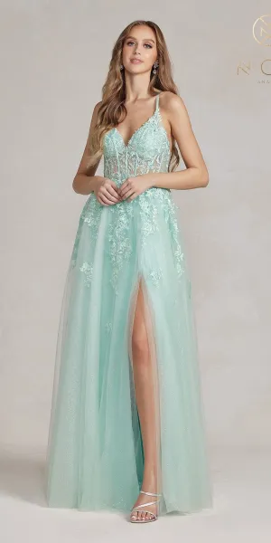 Nox Anabel T1081 Long A-Line Tulle Lace Applique Boned Dress
