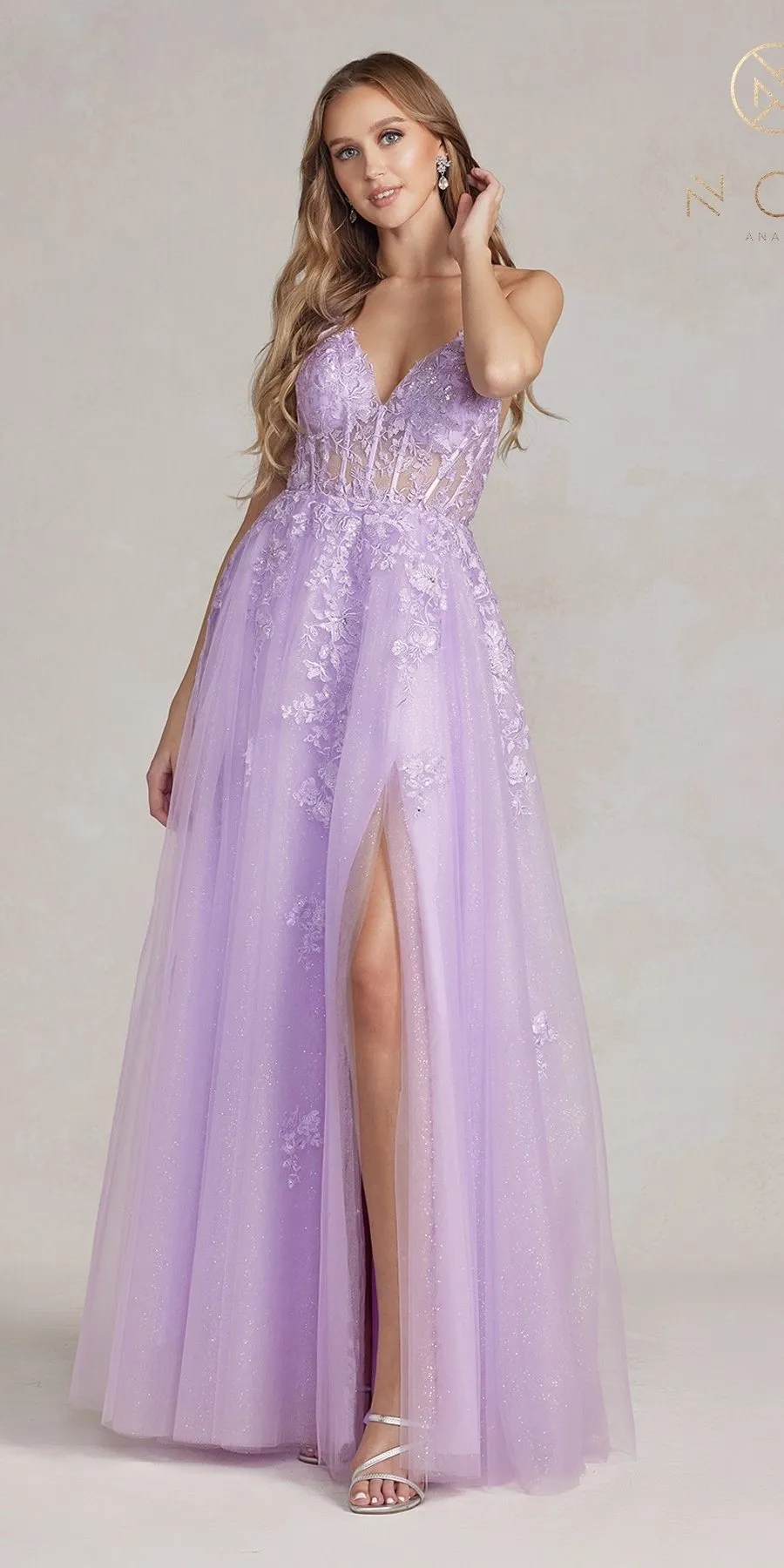 Nox Anabel T1081 Long A-Line Tulle Lace Applique Boned Dress
