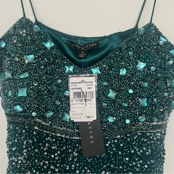 NWT Aidan Mattox Green Embellished Gem Sequin Crystal Chiffon Dress