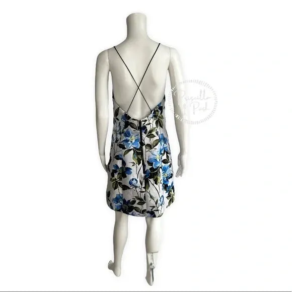 NWT Alice   Olivia Tayla Mini Dress in White & Multi Blue Floral Fit and Flare