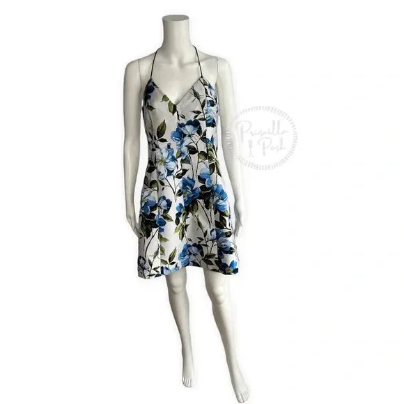 NWT Alice   Olivia Tayla Mini Dress in White & Multi Blue Floral Fit and Flare