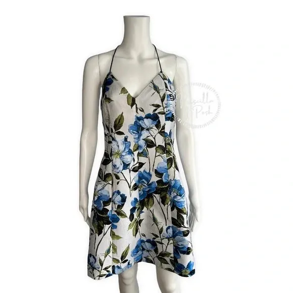 NWT Alice   Olivia Tayla Mini Dress in White & Multi Blue Floral Fit and Flare