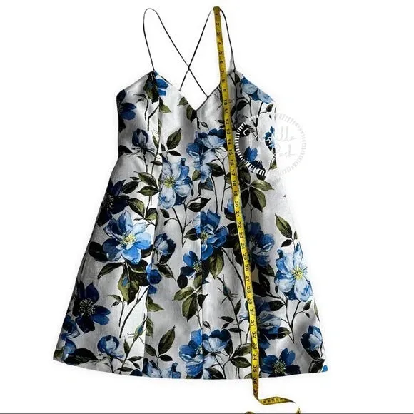 NWT Alice   Olivia Tayla Mini Dress in White & Multi Blue Floral Fit and Flare