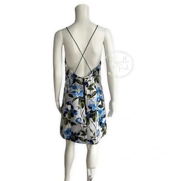 NWT Alice   Olivia Tayla Mini Dress in White & Multi Blue Floral Fit and Flare