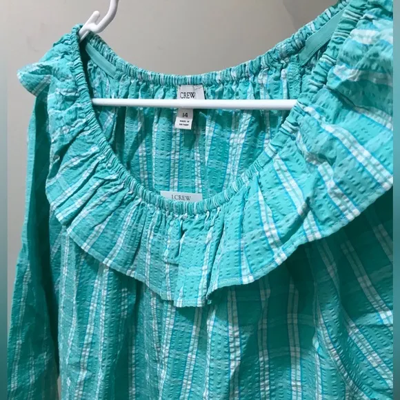 NWT J. Crew Seersucker Ruffleneck Mini Dress, Coastal Preppy J.Crew Factory 14