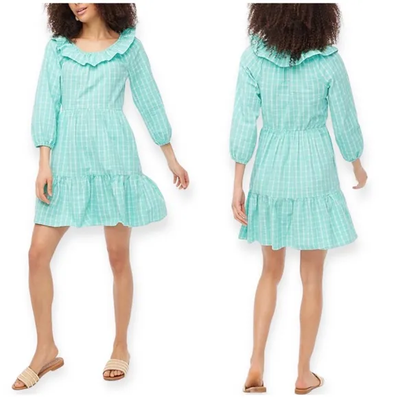 NWT J. Crew Seersucker Ruffleneck Mini Dress, Coastal Preppy J.Crew Factory 14