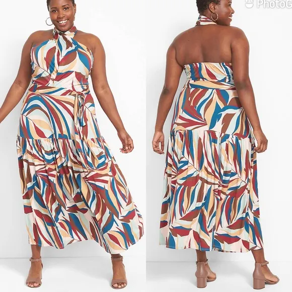 NWT Lane Bryant Cross-Front Halter Maxi Dress With Tiered Skirt