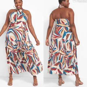NWT Lane Bryant Cross-Front Halter Maxi Dress With Tiered Skirt