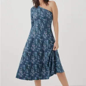 NWT Pact Cloud Floral Fit &amp; Flare One Shoulder Midi Organic Dress Blue Small
