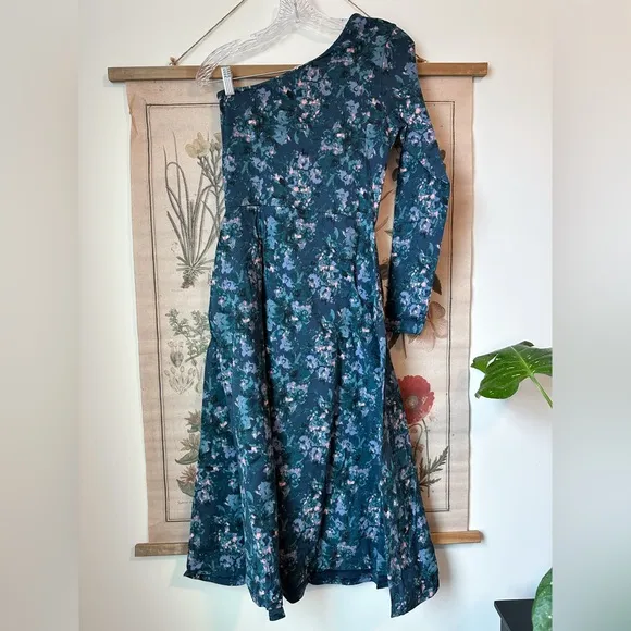 NWT Pact Cloud Floral Fit &amp; Flare One Shoulder Midi Organic Dress Blue Small