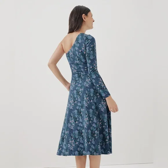 NWT Pact Cloud Floral Fit &amp; Flare One Shoulder Midi Organic Dress Blue Small