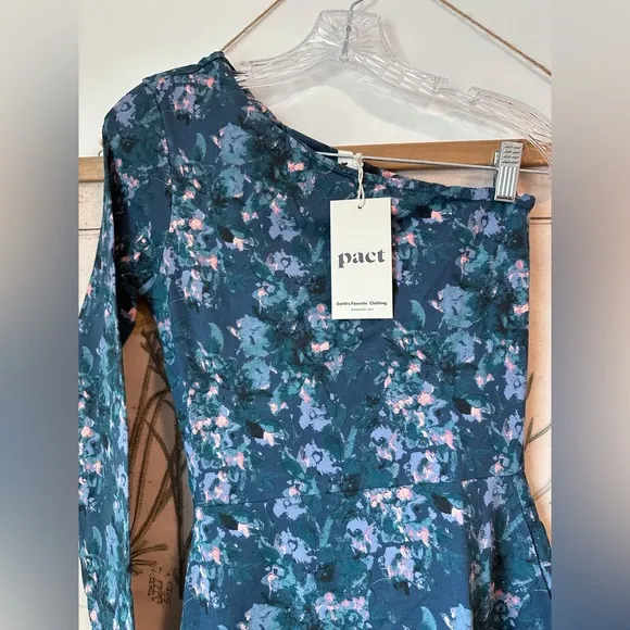 NWT Pact Cloud Floral Fit &amp; Flare One Shoulder Midi Organic Dress Blue Small