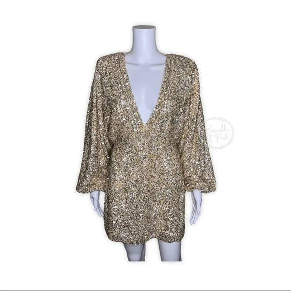 NWT RETROFÊTE Aubrielle sequined mini dress gold