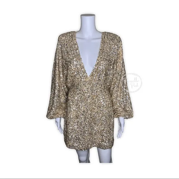 NWT RETROFÊTE Aubrielle sequined mini dress gold