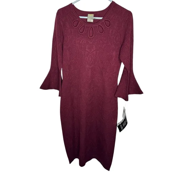 NWT Taylor Burgundy Textured Sweater Dress Bell Sleeves Whimsigoth Size Large