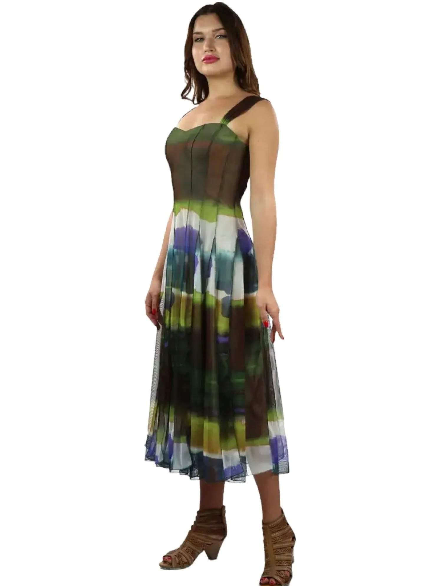ODETTE Sleeveless Mid Calf Fit N Flare Mesh Dress