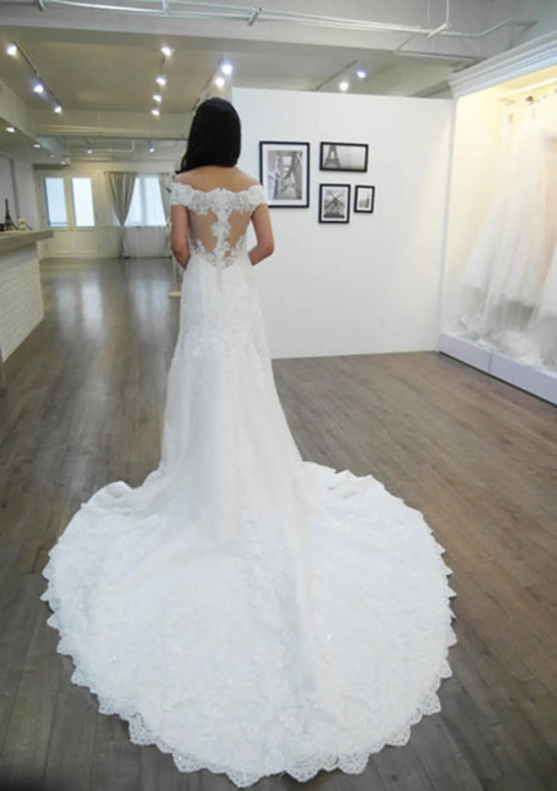 Off Shoulder Chapel Lace Column Bridal Wedding Dress, Sequin