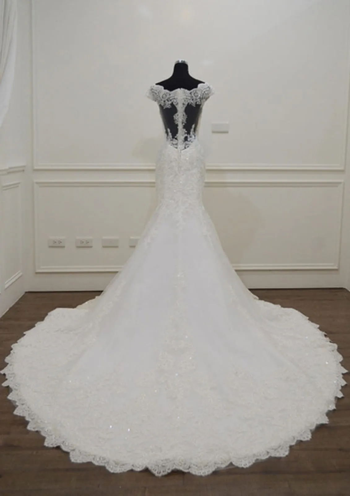Off Shoulder Chapel Lace Column Bridal Wedding Dress, Sequin