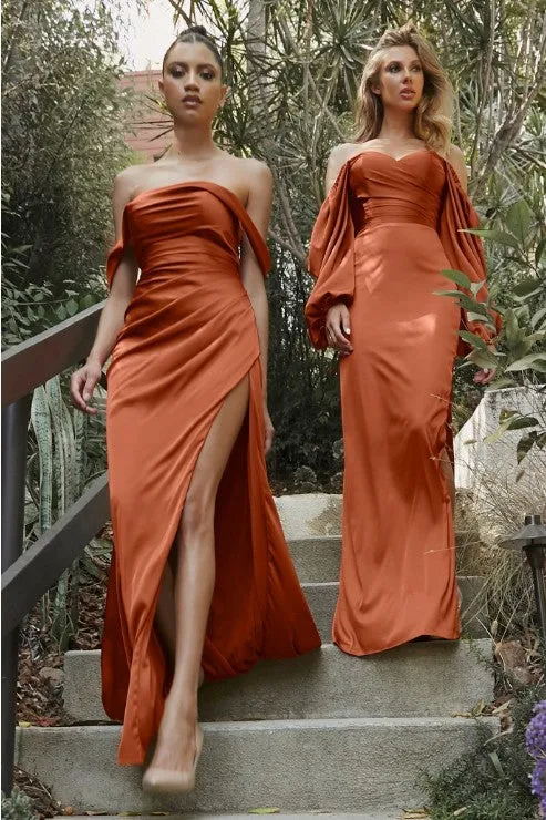 Off shoulder Satin Gown with Slit