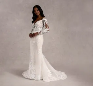 Off-The-Shoulder Lace And Tulle Fit And Flare Gown In Ivory/Almond/Nude In Ivory Almond Nude