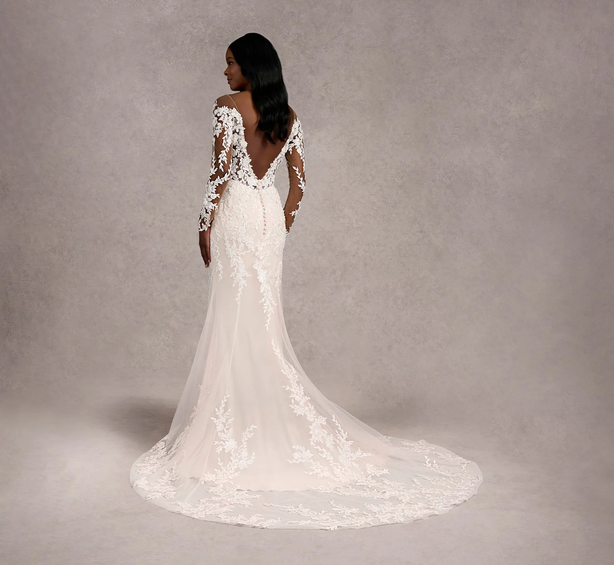 Off-The-Shoulder Lace And Tulle Fit And Flare Gown In Ivory/Almond/Nude In Ivory Almond Nude