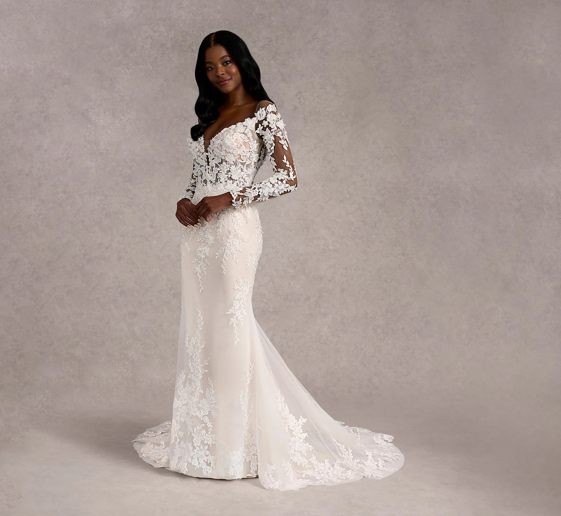 Off-The-Shoulder Lace And Tulle Fit And Flare Gown In Ivory/Almond/Nude In Ivory Almond Nude