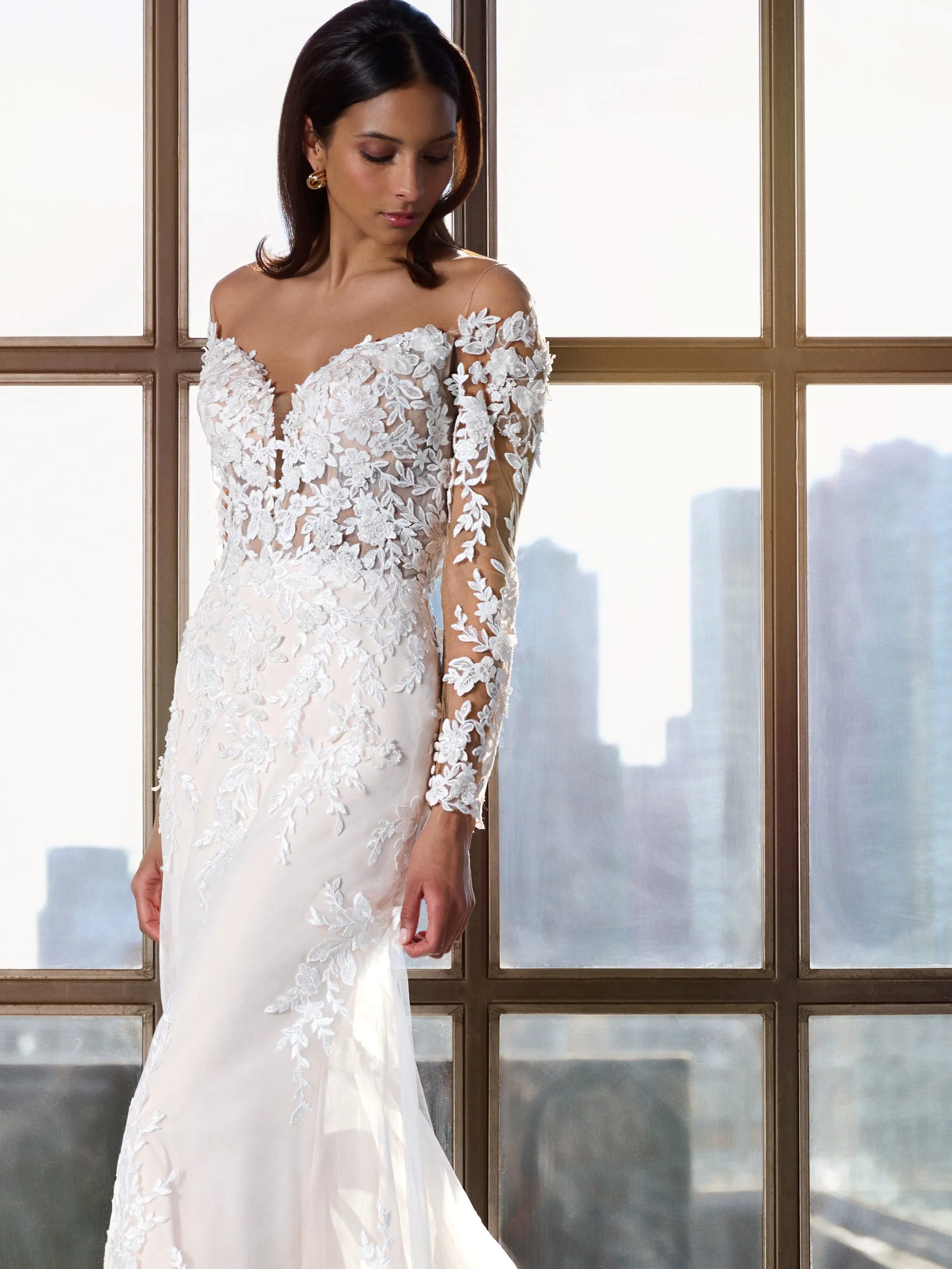Off-The-Shoulder Lace And Tulle Fit And Flare Gown In Ivory/Almond/Nude In Ivory Almond Nude