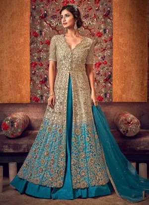 Off-White and Blue Heavy Embroidered Lehenga/ Pant Style Anarkali