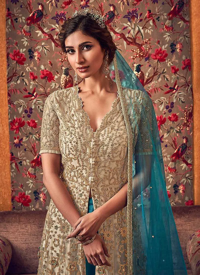 Off-White and Blue Heavy Embroidered Lehenga/ Pant Style Anarkali