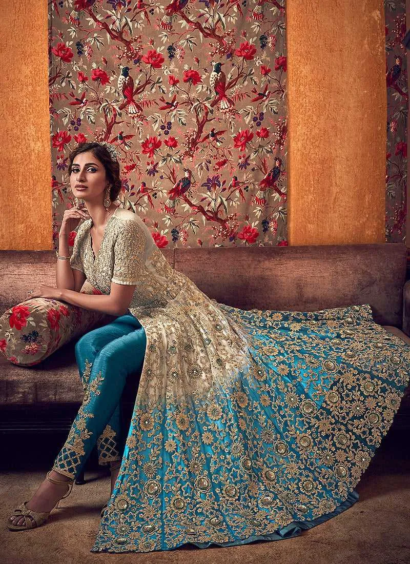 Off-White and Blue Heavy Embroidered Lehenga/ Pant Style Anarkali