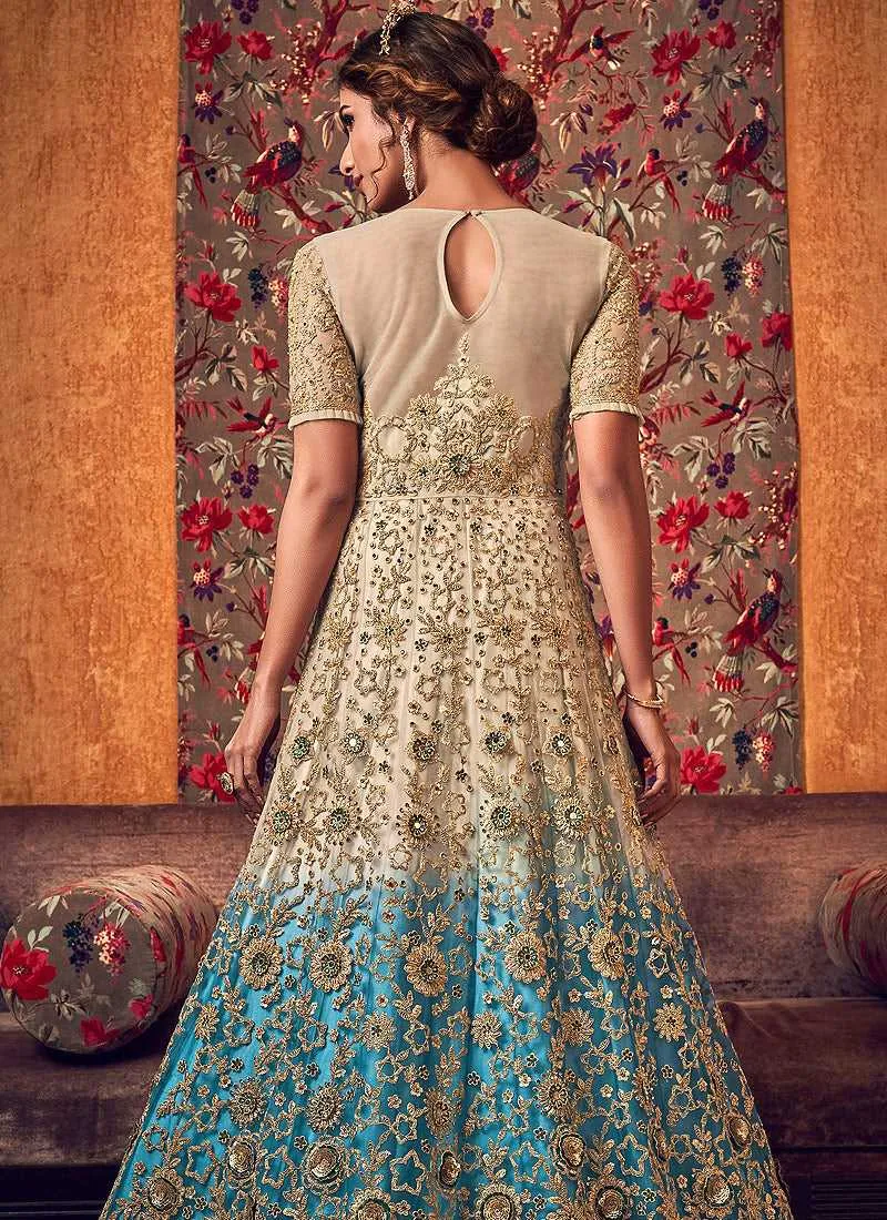 Off-White and Blue Heavy Embroidered Lehenga/ Pant Style Anarkali