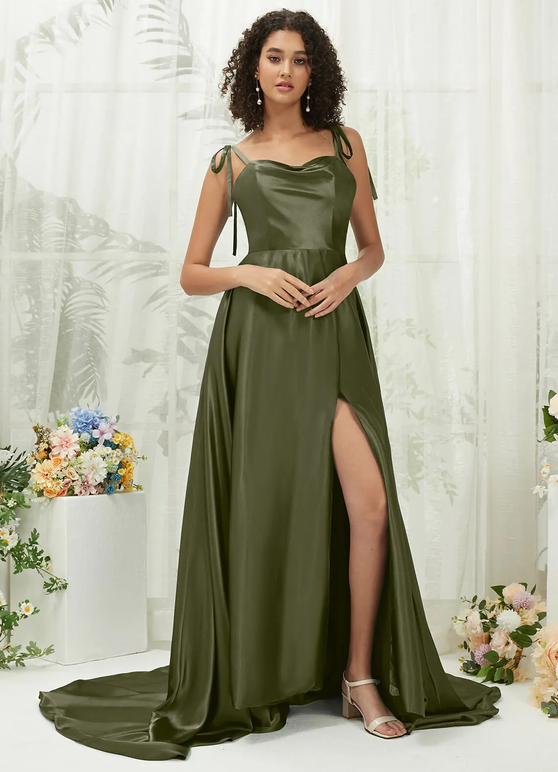 Olive Satin Sweetheart Adjustable Straps Formal Gown With Pocket