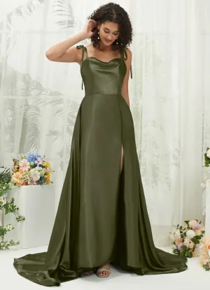 Olive Satin Sweetheart Adjustable Straps Formal Gown With Pocket