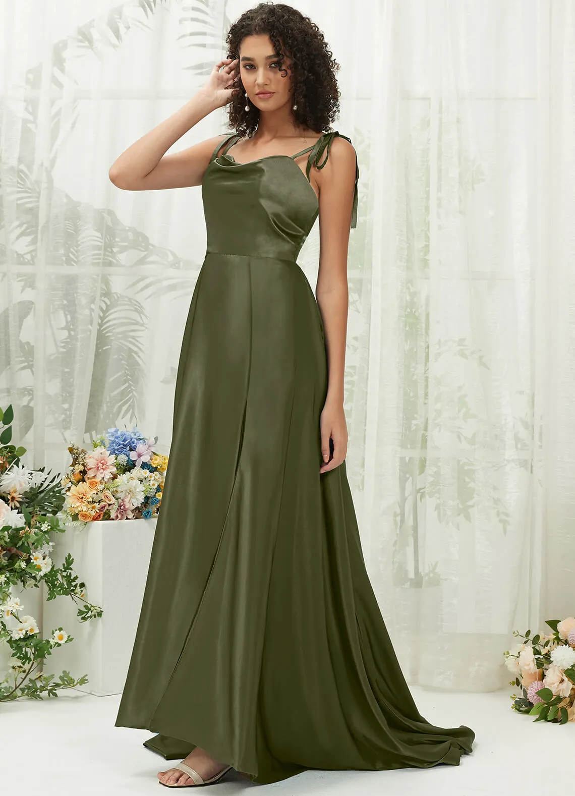 Olive Satin Sweetheart Adjustable Straps Formal Gown With Pocket