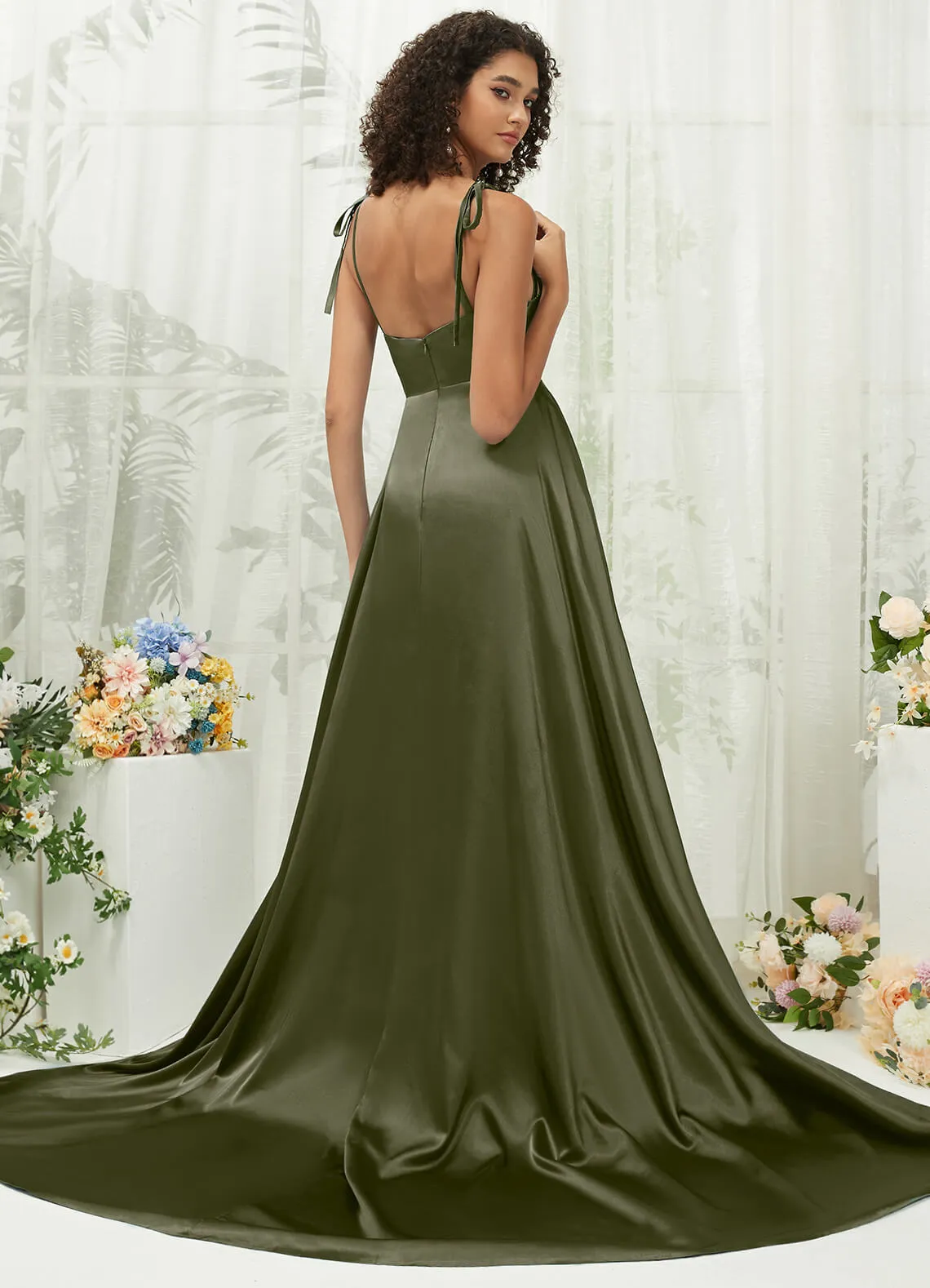 Olive Satin Sweetheart Adjustable Straps Formal Gown With Pocket