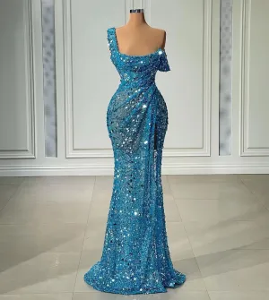 One Shoulder Sparkly Evening Dresses Long Mermaid Blue Sexy Formal Party Dresses      fg4286