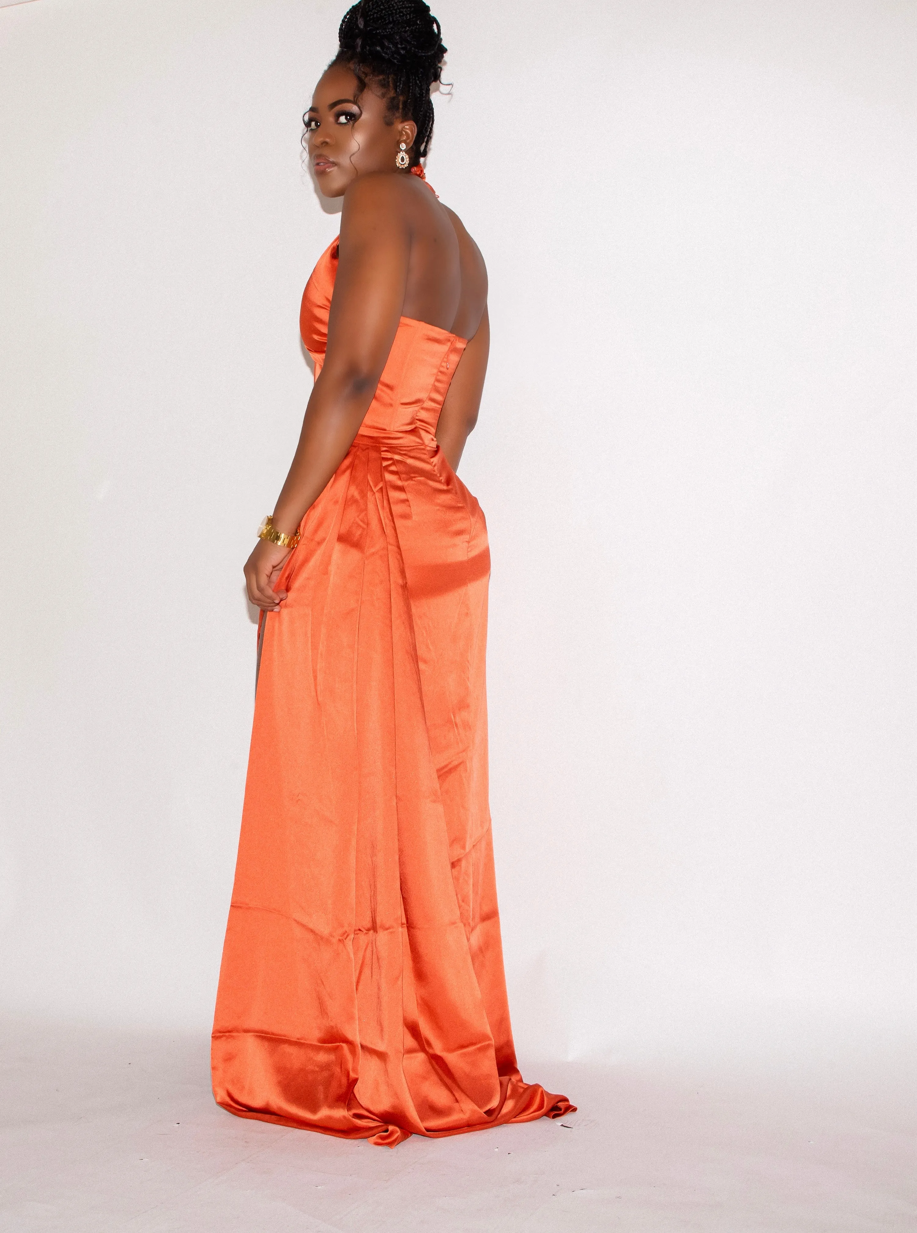 Orange Satin High Slit Draping Gown