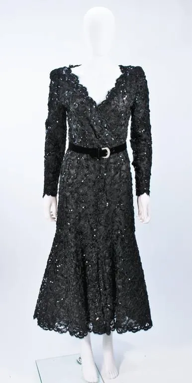 OSCAR DE LA RENTA Black Lace Sequin Gown Size 6-8
