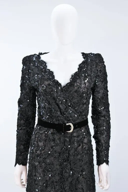 OSCAR DE LA RENTA Black Lace Sequin Gown Size 6-8