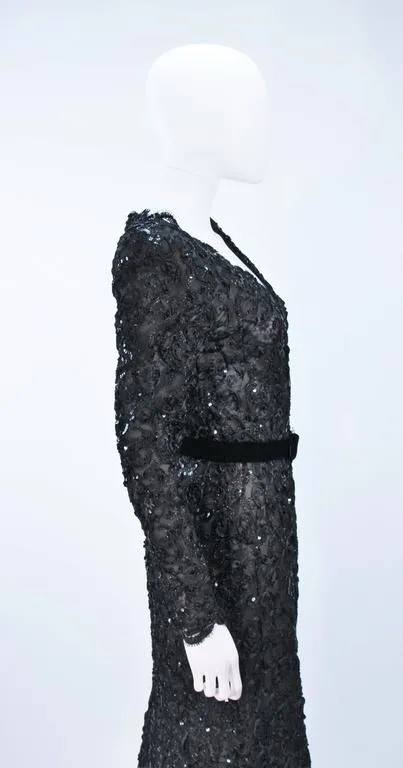 OSCAR DE LA RENTA Black Lace Sequin Gown Size 6-8