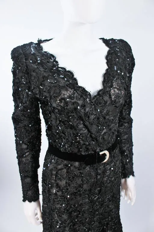 OSCAR DE LA RENTA Black Lace Sequin Gown Size 6-8