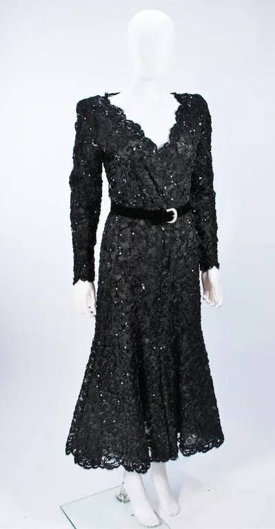 OSCAR DE LA RENTA Black Lace Sequin Gown Size 6-8