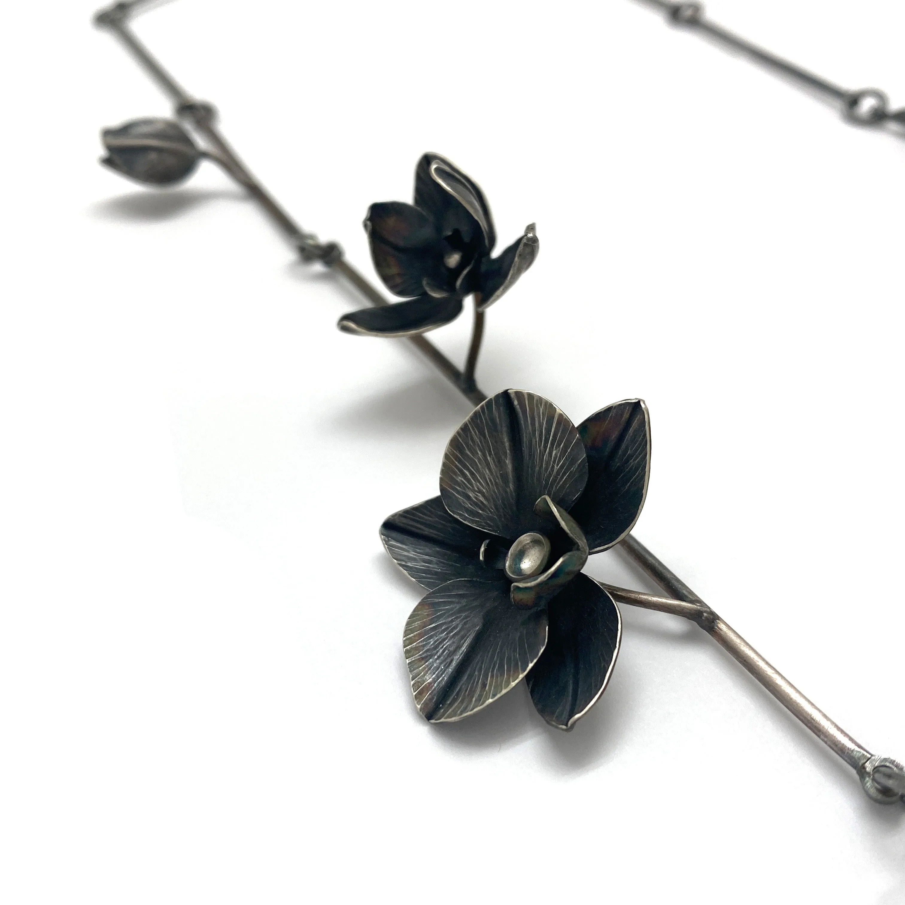 Oxidized Silver Orchid Necklace